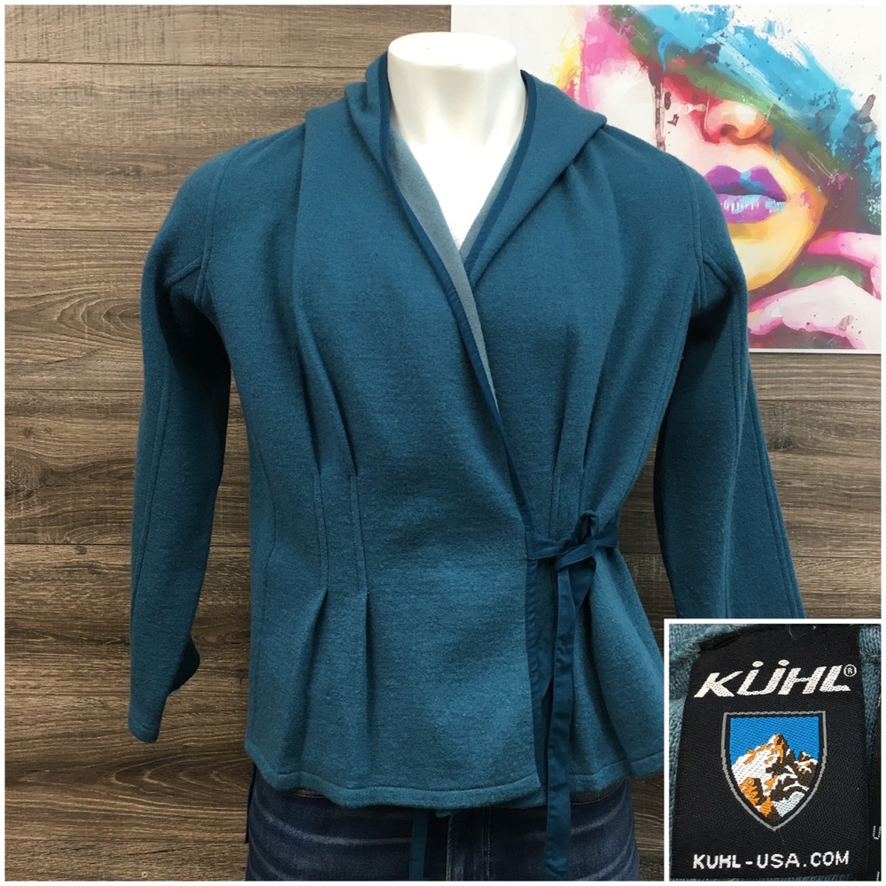 Kuhl Alska Hoody Wrap Jacket Teal Blue Merino Wool Hooded Sweater Womens Small